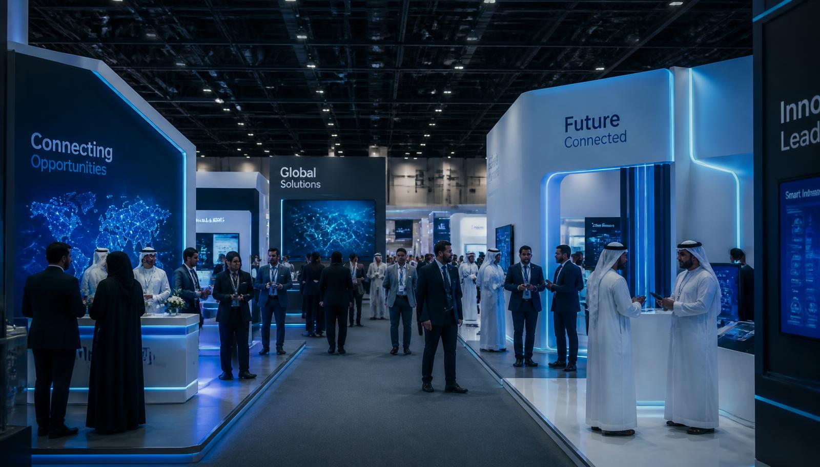 Business professionals networking at a modern trade fair in Saudi Arabia